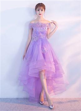 Picture of Purple High Low Off Shoulder Lace Applique Prom Dress, Light Purple Homecoming Dress